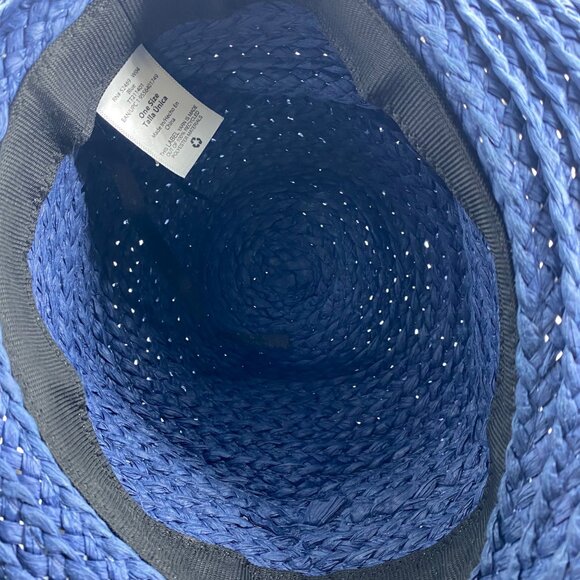 Women Navy Blue Wide Brim Floppy Straw Hat Pom Pom Trim Striped Band Beach - Picture 5 of 6